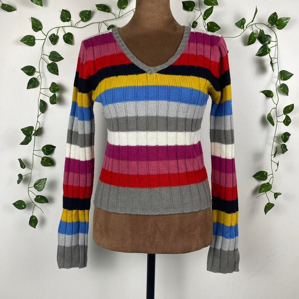 Vintage Beware! 90s knit sweater multi-colored stripes v-neck y2k preppy twee